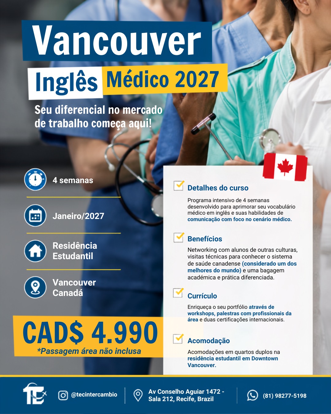 Curso de Inglês Médico em Vancouver, Janeiro 2027 — 4 semanas, residência estudantil, CAD$ 4.990